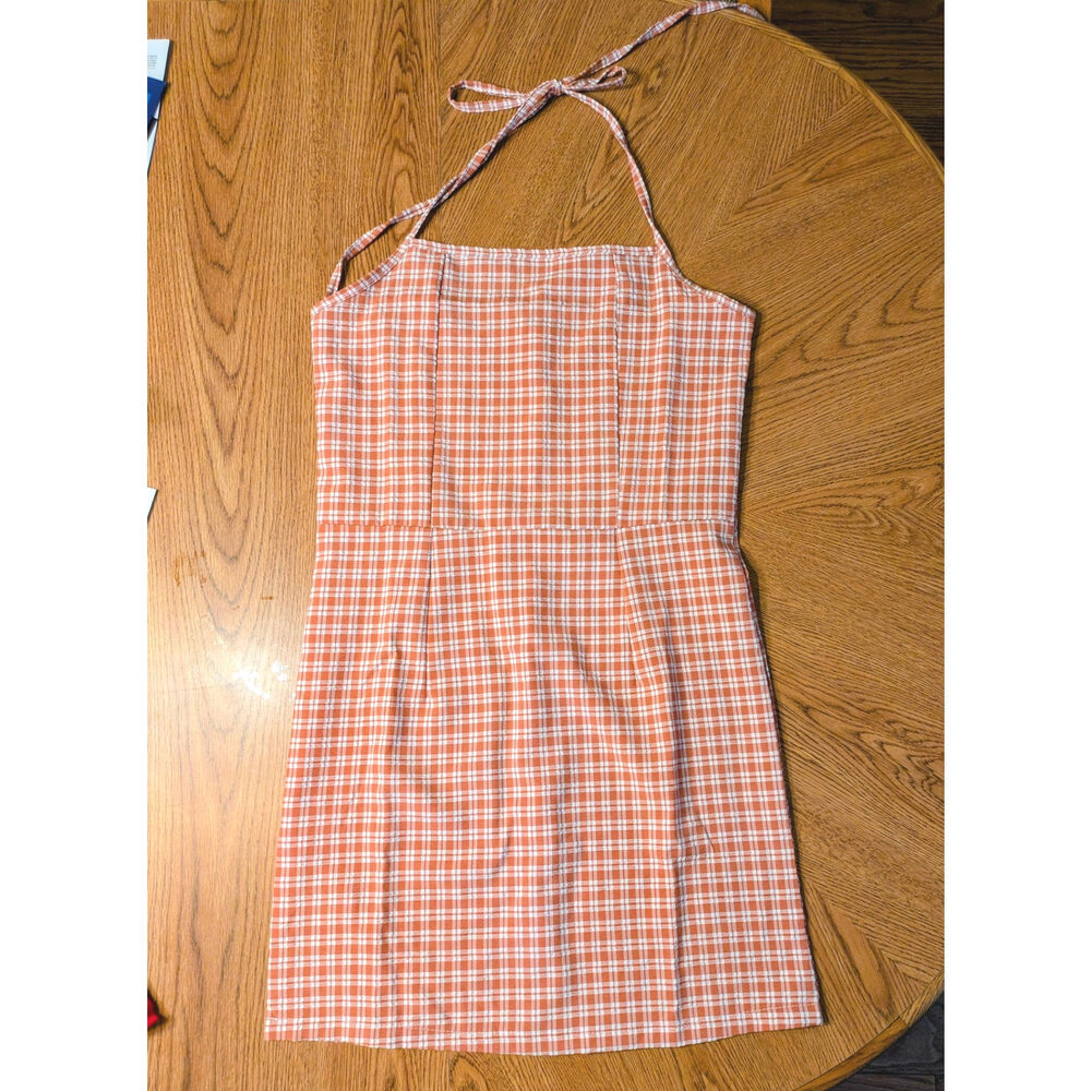 ROMWE - Orange Gingham Halter Pleated Mini Dress - Sz XS - NWT